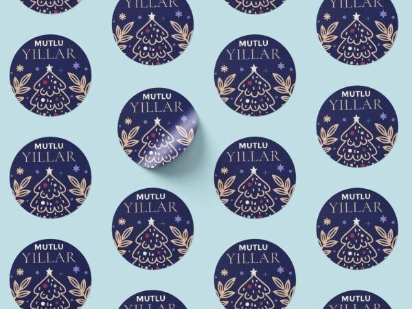 Yılbaşı Çam Temalı Mutlu Yıllar Sticker Seti, Yeni Yıl Hediye&Paket Etiketi, 108 Adet, 33x33mm, Mavi