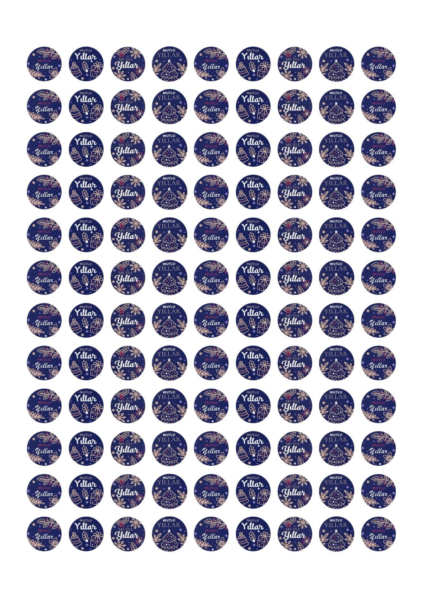 Yılbaşı Mutlu Yıllar Sticker Seti, Yeni Yıl Hediye&Paket Etiketi, 108 Adet, 33x33mm, Mavi(4 Tasarım)
