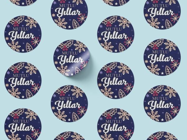 Yılbaşı Mutlu Yıllar Sticker Seti, Yeni Yıl Hediye&Paket Etiketi, 108 Adet, 33x33mm, Mavi(4 Tasarım)