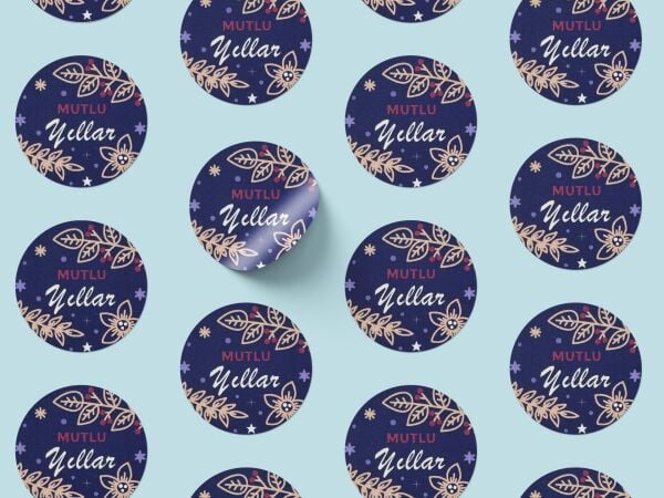 Yılbaşı Mutlu Yıllar Sticker Seti, Yeni Yıl Hediye&Paket Etiketi, 108 Adet, 33x33mm, Mavi(4 Tasarım)