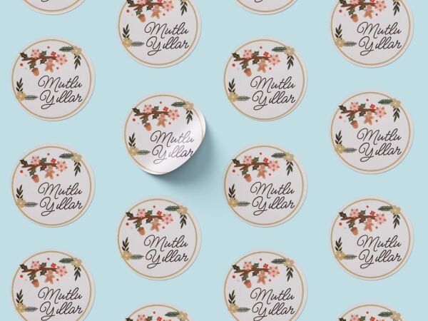 Yılbaşı Çiçek Temalı Mutlu Yıllar Sticker Seti, Yeni Yıl Hediye&Paket Etiketi, 108 Adet, 33x33 mm