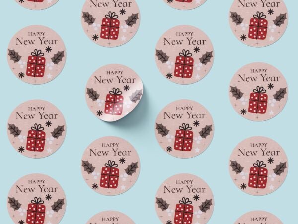 Yılbaşı Happy New Year Yazılı Sticker Seti, Yeni Yıl Hediye ve Paketleme Etiketi, 108 Adet, 33x33 mm