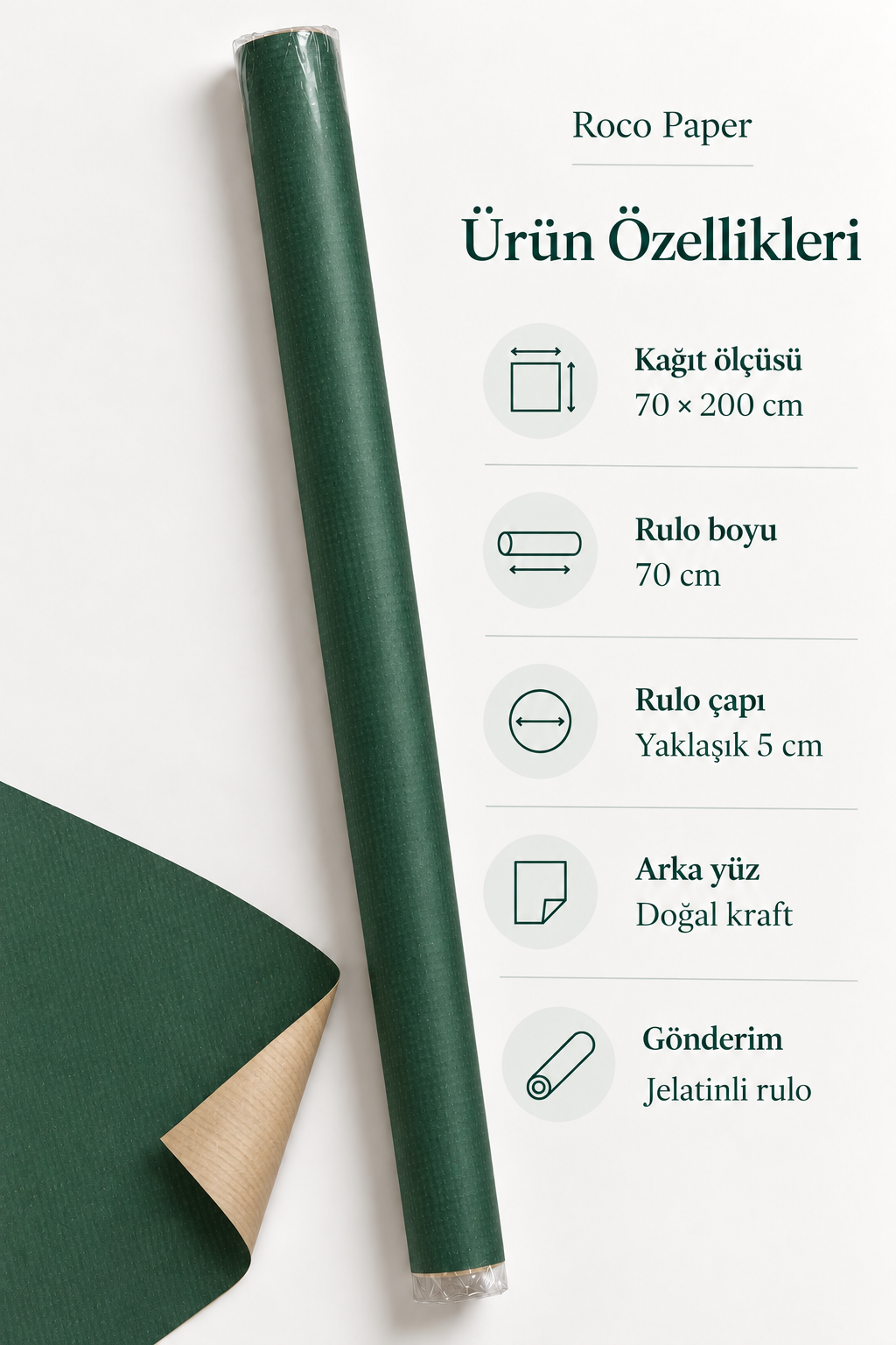 İtalyan Ambalaj Kağıdı Renkli Kraft 70 cm x 2 metre Koyu Yeşil