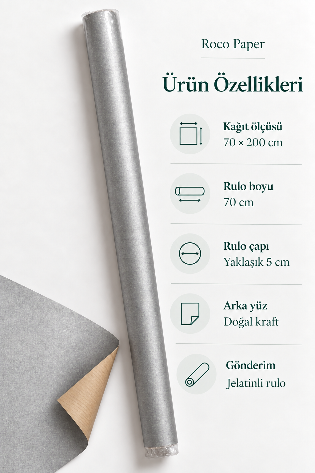 İtalyan Ambalaj Kağıdı Renkli Kraft 70 cm x 2 metre Gümüş