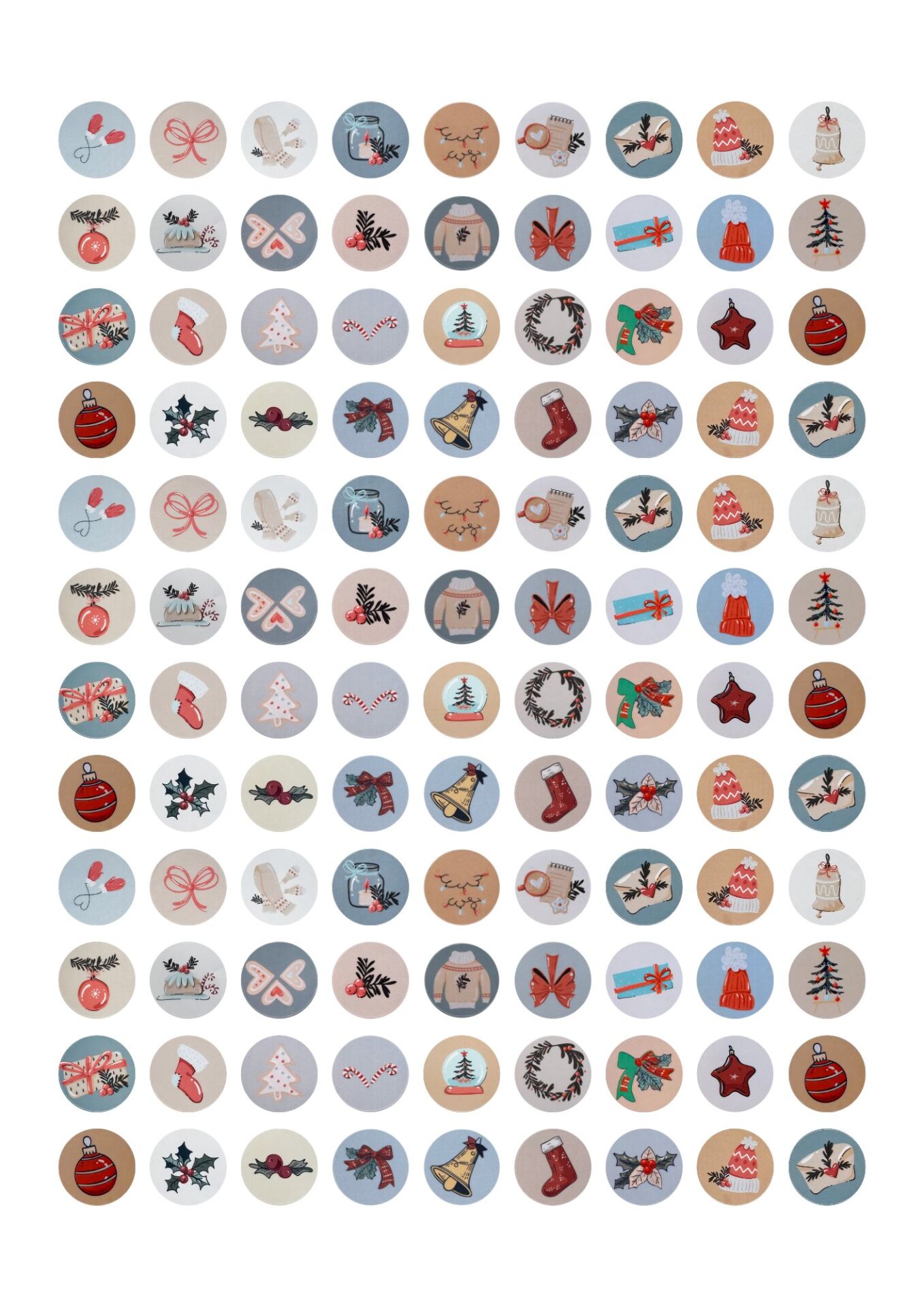 Yılbaşı Sticker Seti, Yeni Yıl Karışık Desenli Süs ve Hediye & Paket Etiketleri, 108 Adet, 33x33 mm