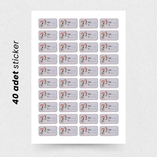 Yılbaşı Yazılabilir Sticker Seti, Baston Şeker Desenli Yeni Yıl Hediye & Paket Etiketi, 40 Adet, 7x3.7 Cm