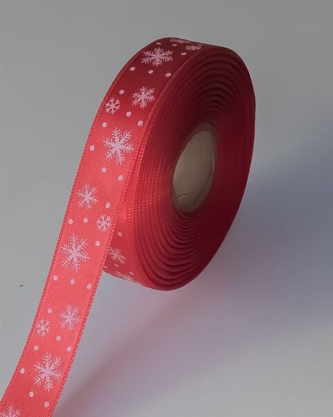 Yılbaşı Temalı Saten Kurdele, Beyaz Kar Desenli Hediye Paketleme Şeridi, Kırmızı, 2 Cm x 20M