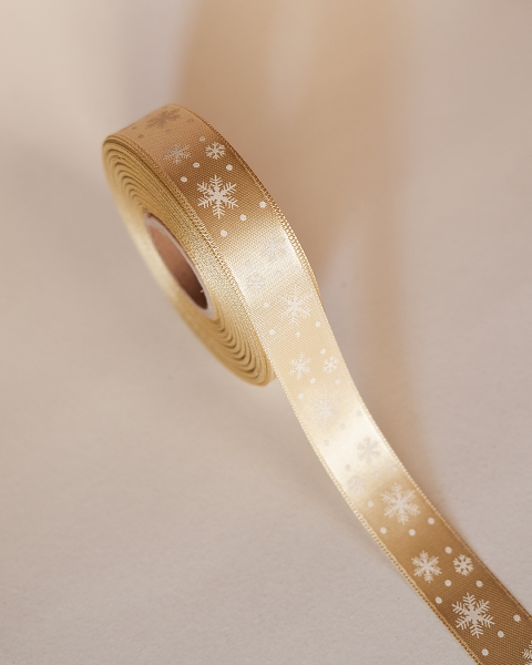 Yılbaşı Temalı Saten Kurdele, Beyaz Kar Desenli Hediye Paketleme Şeridi, Krem, 2 Cm x 20M