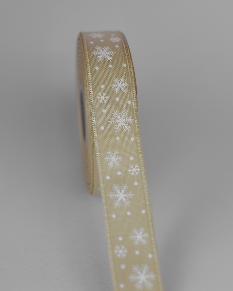 Yılbaşı Temalı Saten Kurdele, Beyaz Kar Desenli Hediye Paketleme Şeridi, Krem, 2 Cm x 20M