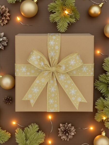 Yılbaşı Temalı Saten Kurdele, Beyaz Kar Desenli Hediye Paketleme Şeridi, Krem, 2 Cm x 20M