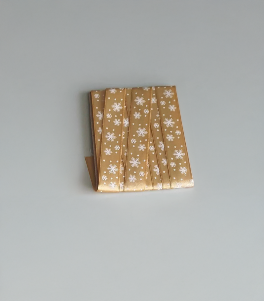 Yılbaşı Temalı Saten Kurdele, Beyaz Kar Desenli Hediye Paketleme Şeridi, Krem, 2 Cm x 20M