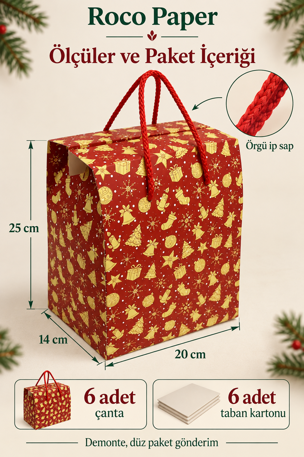Yeniyıl Hediye Kutu Çanta 20x25x14 cm - Kırmızı Masal  Taşınabilir Hediye Kutusu & Çantası Özel Tasarım Boş Karton Hediye Paketi 1 Adet 
