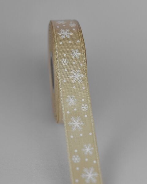 Yılbaşı Temalı Saten Kurdele, Beyaz Kar Desenli Hediye Paketleme Şeridi, Krem, 2.5Cm x 20M