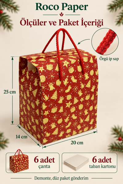 Yeniyıl Hediye Kutu Çanta 20x25x14 cm - Kırmızı Masal  Taşınabilir Hediye Kutusu & Çantası Özel Tasarım Boş Karton Hediye Paketi 6 Adet