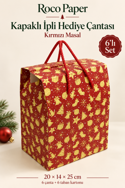 Yeniyıl Hediye Kutu Çanta 20x25x14 cm - Kırmızı Masal  Taşınabilir Hediye Kutusu & Çantası Özel Tasarım Boş Karton Hediye Paketi 6 Adet
