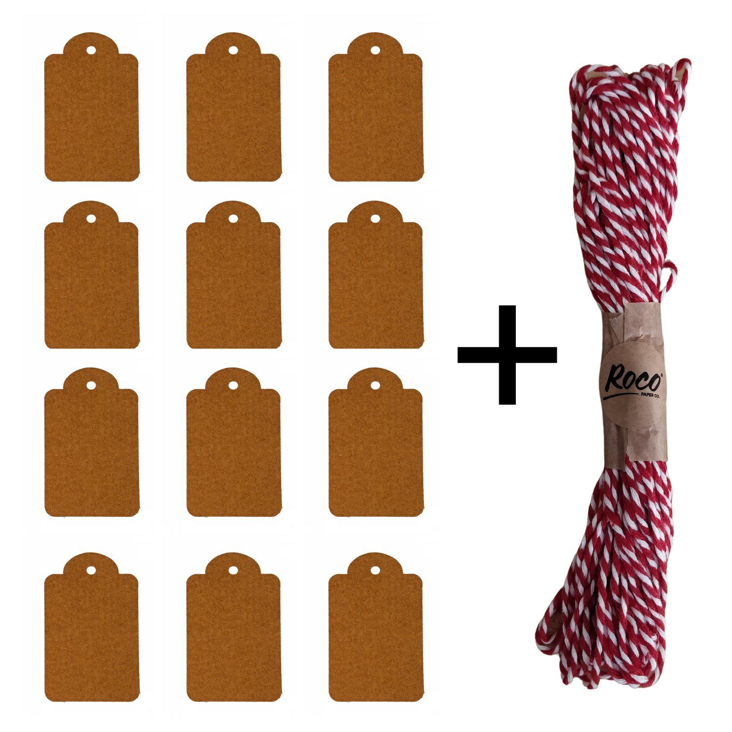 12Li Kraft Hediye Paketleme Etiketi & Twine Baker Kırmızı-Beyaz İp-10 Metre (1 Adet), Boş Gift Kart Seti