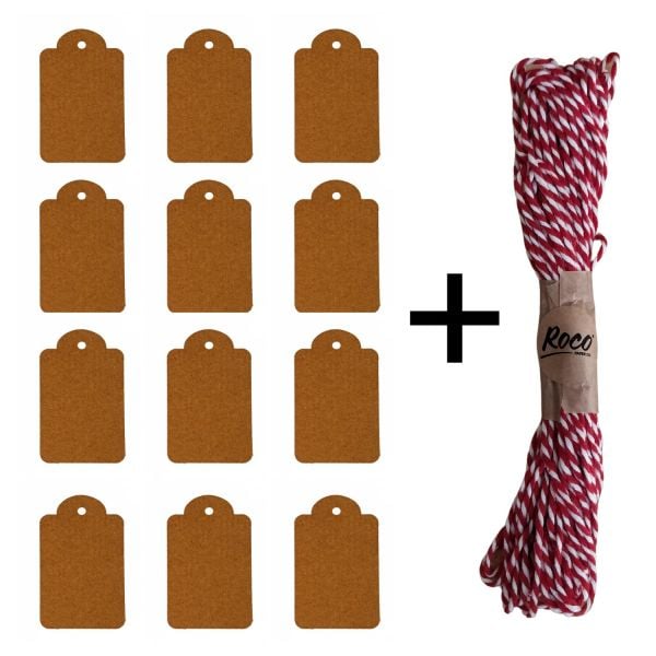 12Li Kraft Hediye Paketleme Etiketi & Twine Baker Kırmızı-Beyaz İp-10 Metre (1 Adet), Boş Gift Kart Seti