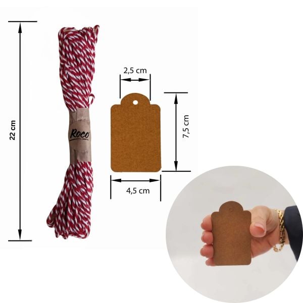 12Li Kraft Hediye Paketleme Etiketi & Twine Baker Kırmızı-Beyaz İp-10 Metre (1 Adet), Boş Gift Kart Seti