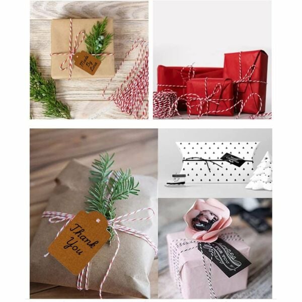 12Li Kraft Hediye Paketleme Etiketi & Twine Baker Kırmızı-Beyaz İp-10 Metre (1 Adet), Boş Gift Kart Seti