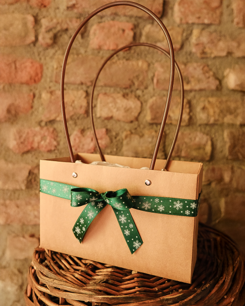 Yılbaşı Temalı Saten Kurdele, Beyaz Kar Desenli Hediye Paketleme Şeridi, Yeşil, 2 Cm x 20M