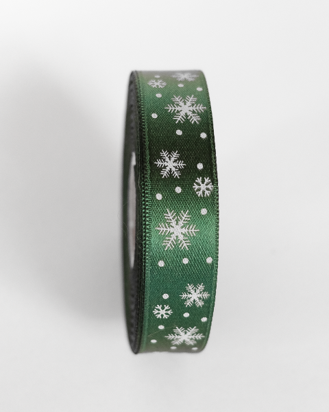 Yılbaşı Temalı Saten Kurdele, Beyaz Kar Desenli Hediye Paketleme Şeridi, Yeşil, 2 Cm x 20M