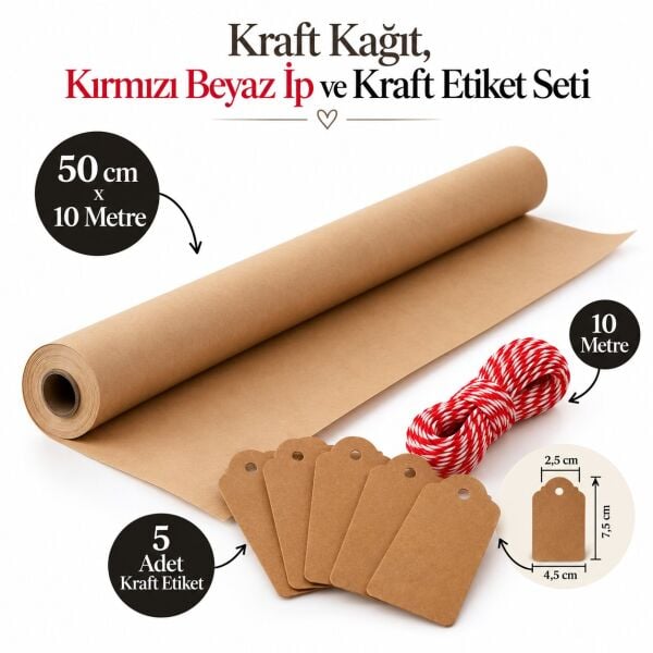 Kraft Rulo Ambalaj Kağıdı, Kırmızı Beyaz İp ve Etiket Seti, Hediye ve Paketleme Seti