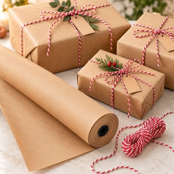 Kraft Rulo Ambalaj Kağıdı, Kırmızı Beyaz İp ve Etiket Seti, Hediye ve Paketleme Seti