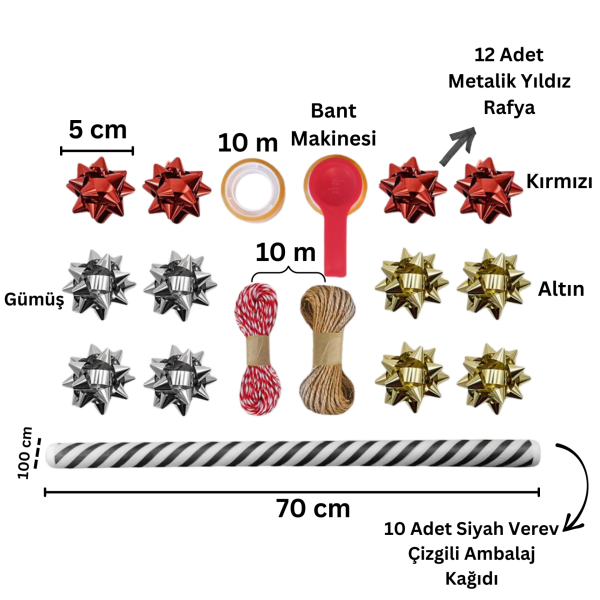 Siyah Verev Çizgili Ambalaj Kağıdı Seti | 10 Rulo Kağıt (70x100 Cm)-12 Rafya-20m İp-Bant ve Makinesi