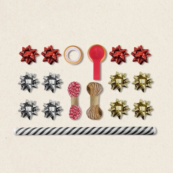 Siyah Verev Çizgili Ambalaj Kağıdı Seti | 10 Rulo Kağıt (70x100 Cm)-12 Rafya-20m İp-Bant ve Makinesi