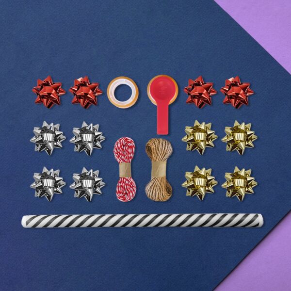 Siyah Verev Çizgili Ambalaj Kağıdı Seti | 10 Rulo Kağıt (70x100 Cm)-12 Rafya-20m İp-Bant ve Makinesi