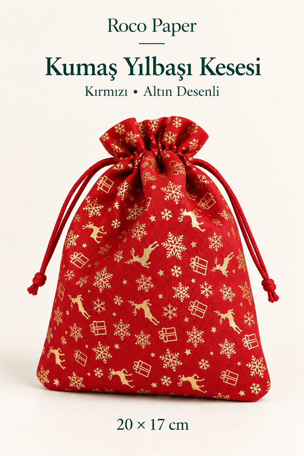 Kumaş Saten Kese Altın Varak Baskılı 17*23 cm Kırmızı - 6 Adet