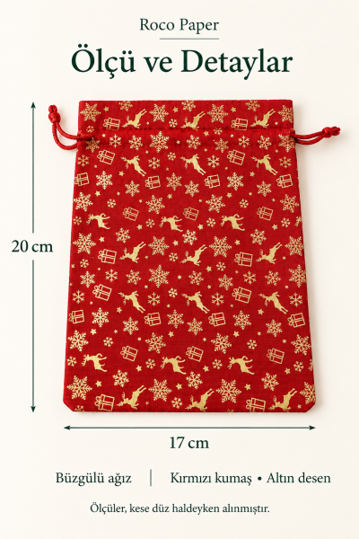 Kumaş Saten Kese Altın Varak Baskılı 17*23 cm Kırmızı - 6 Adet