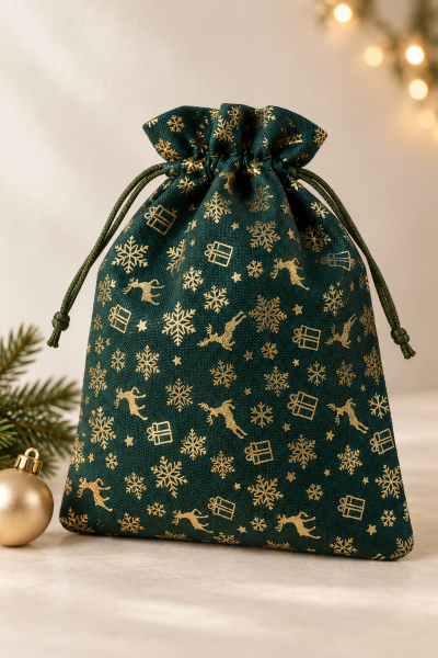 Kumaş Saten Kese Altın Varak Baskılı 17*23 cm Yeşil - 6 Adet