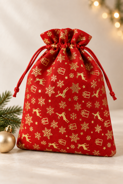 Kumaş Saten Kese Altın Varak Baskılı 17*23 cm Kırmızı - 12 Adet