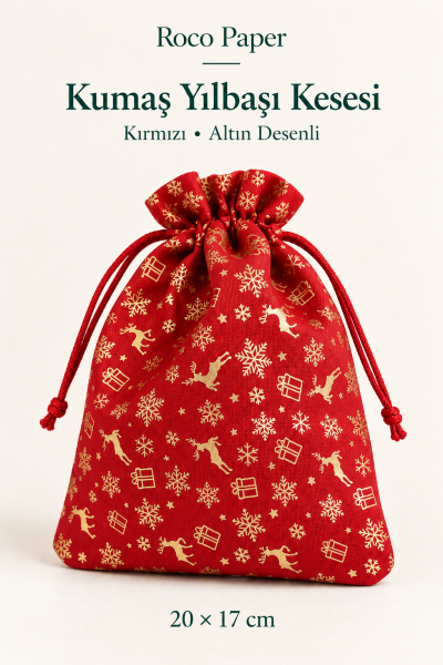 Kumaş Saten Kese Altın Varak Baskılı 17*23 cm Kırmızı - 12 Adet