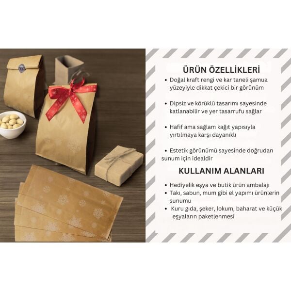 Körüklü Kraft Kese Kağıdı, Kar Tanesi Desenli Şamua Hediye, Ambalaj & Gıda Poşeti, 15x33 Cm, 500 Adet