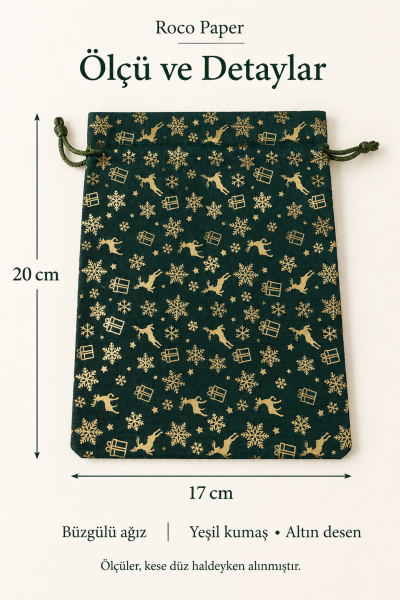 Kumaş Saten Kese Altın Varak Baskılı 17*23 cm Yeşil - 12 Adet