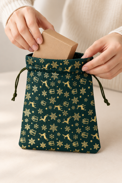Kumaş Saten Kese Altın Varak Baskılı 17*23 cm Yeşil - 12 Adet