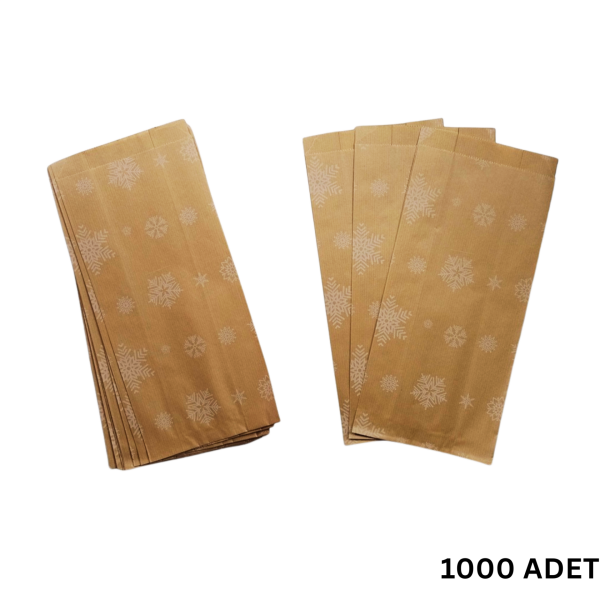 Körüklü Kraft Kese Kağıdı, Kar Tanesi Desenli Şamua Hediye, Ambalaj & Gıda Poşeti, 15x33 Cm, 1000 Adet