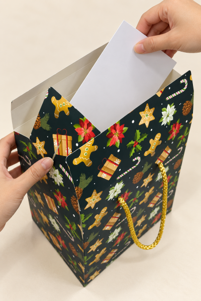 Yeniyıl Hediye Kutu Çanta 20x25x14 cm -Kış Bahçesi  Taşınabilir Hediye Kutusu & Çantası Özel Tasarım Boş Karton Hediye Paketi 1 Adet 