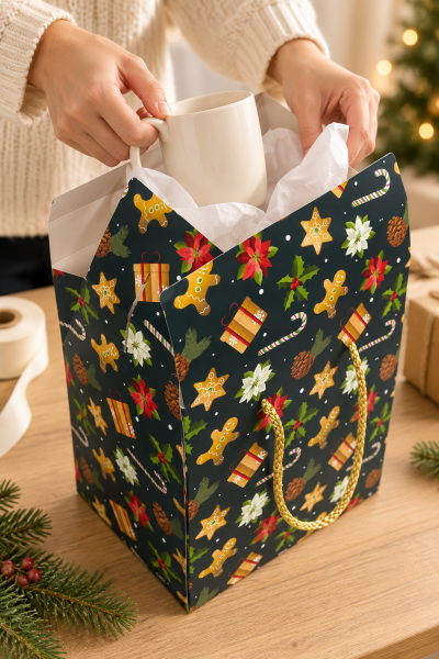 Yeniyıl Hediye Kutu Çanta 20x25x14 cm -Kış Bahçesi  Taşınabilir Hediye Kutusu & Çantası Özel Tasarım Boş Karton Hediye Paketi 6 Adet