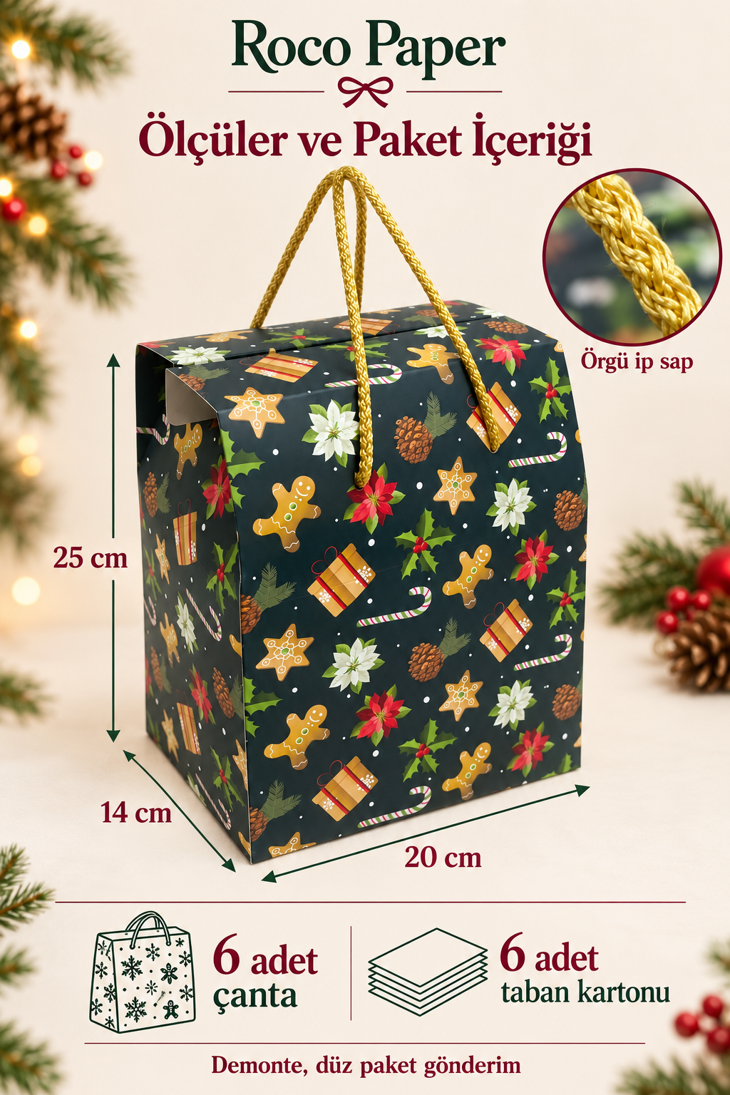 Yeniyıl Hediye Kutu Çanta 20x25x14 cm -Kış Bahçesi  Taşınabilir Hediye Kutusu & Çantası Özel Tasarım Boş Karton Hediye Paketi 6 Adet