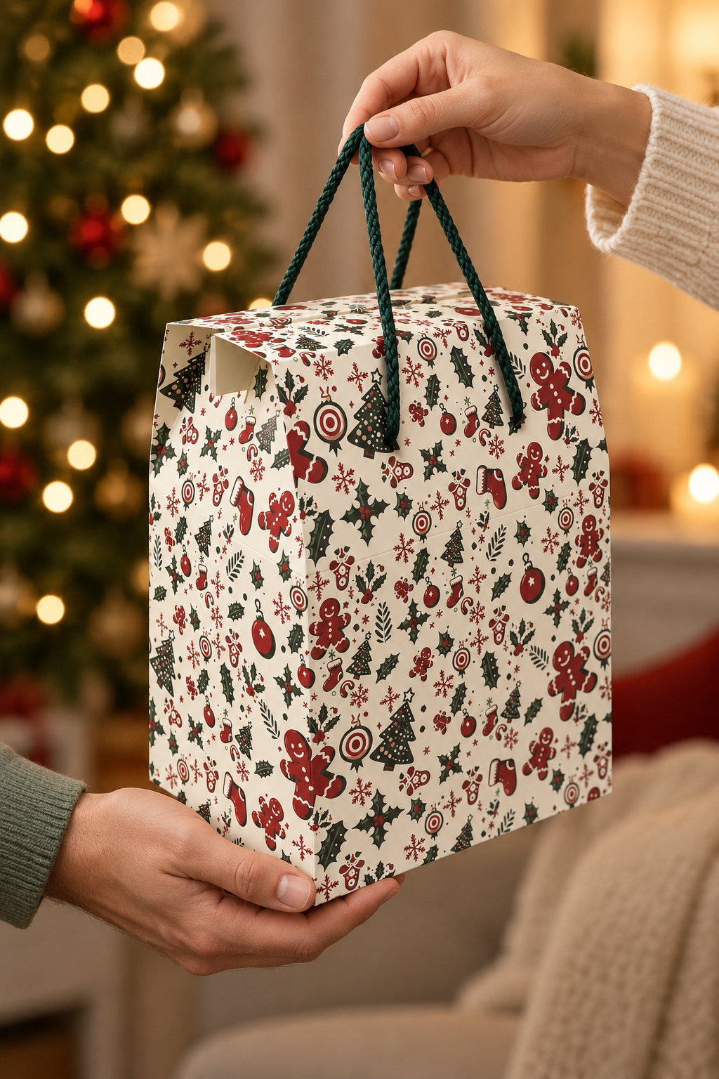 Yeniyıl Hediye Kutu Çanta 20x25x14 cm -Yılbaşı Neşesi Taşınabilir Hediye Kutusu & Çantası Özel Tasarım Boş Karton Hediye Paketi 1 Adet