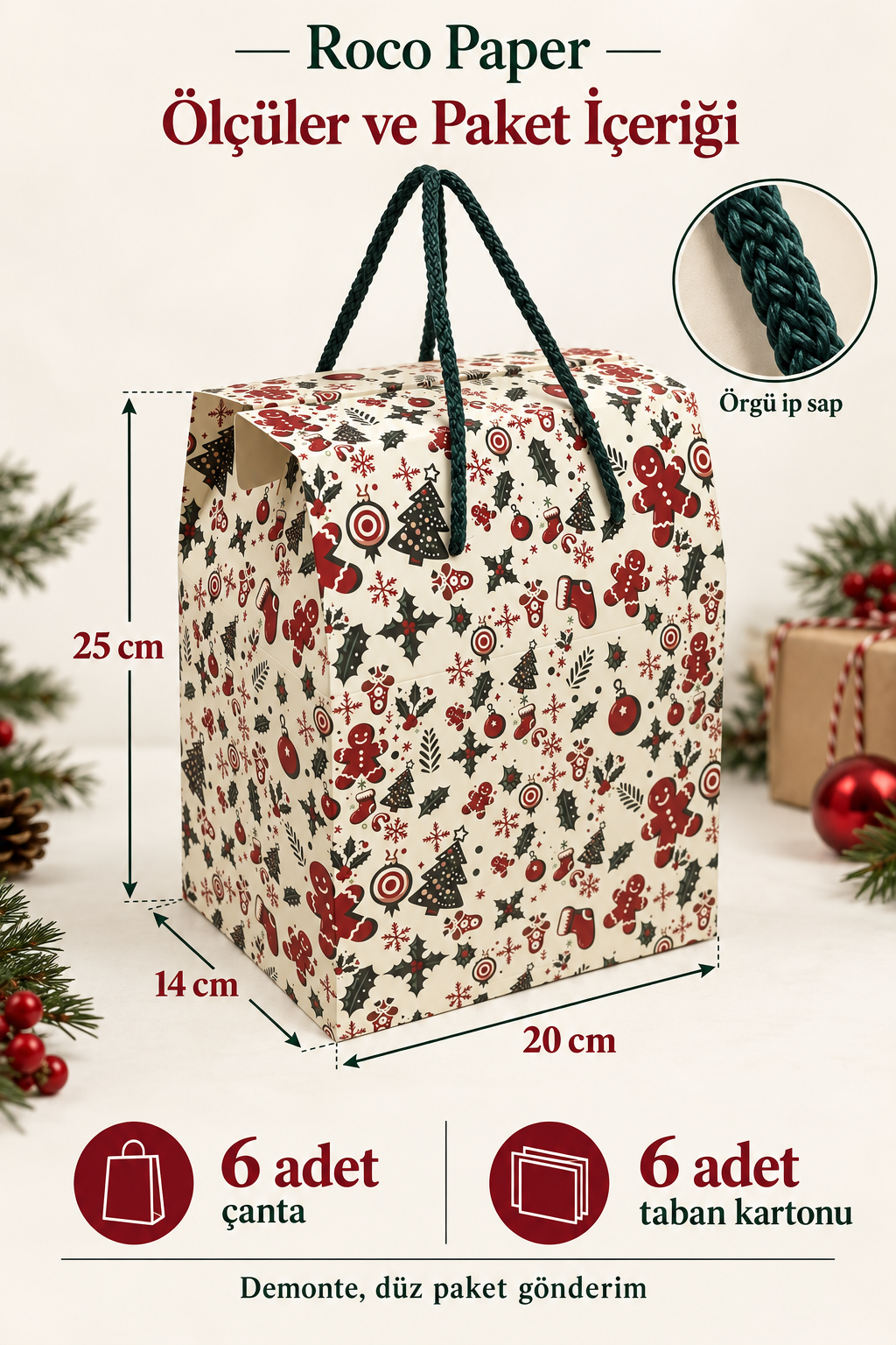 Yeniyıl Hediye Kutu Çanta 20x25x14 cm -Yılbaşı Neşesi Taşınabilir Hediye Kutusu & Çantası Özel Tasarım Boş Karton Hediye Paketi 6 Adet
