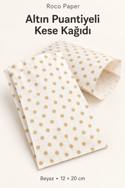 Altın Puantiye Kese Kağıdı 12x20 cm Körük:6 cm