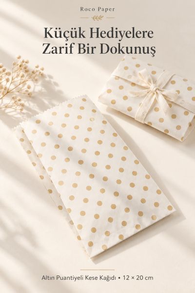 Altın Puantiye Kese Kağıdı 12x20 cm Körük:6 cm