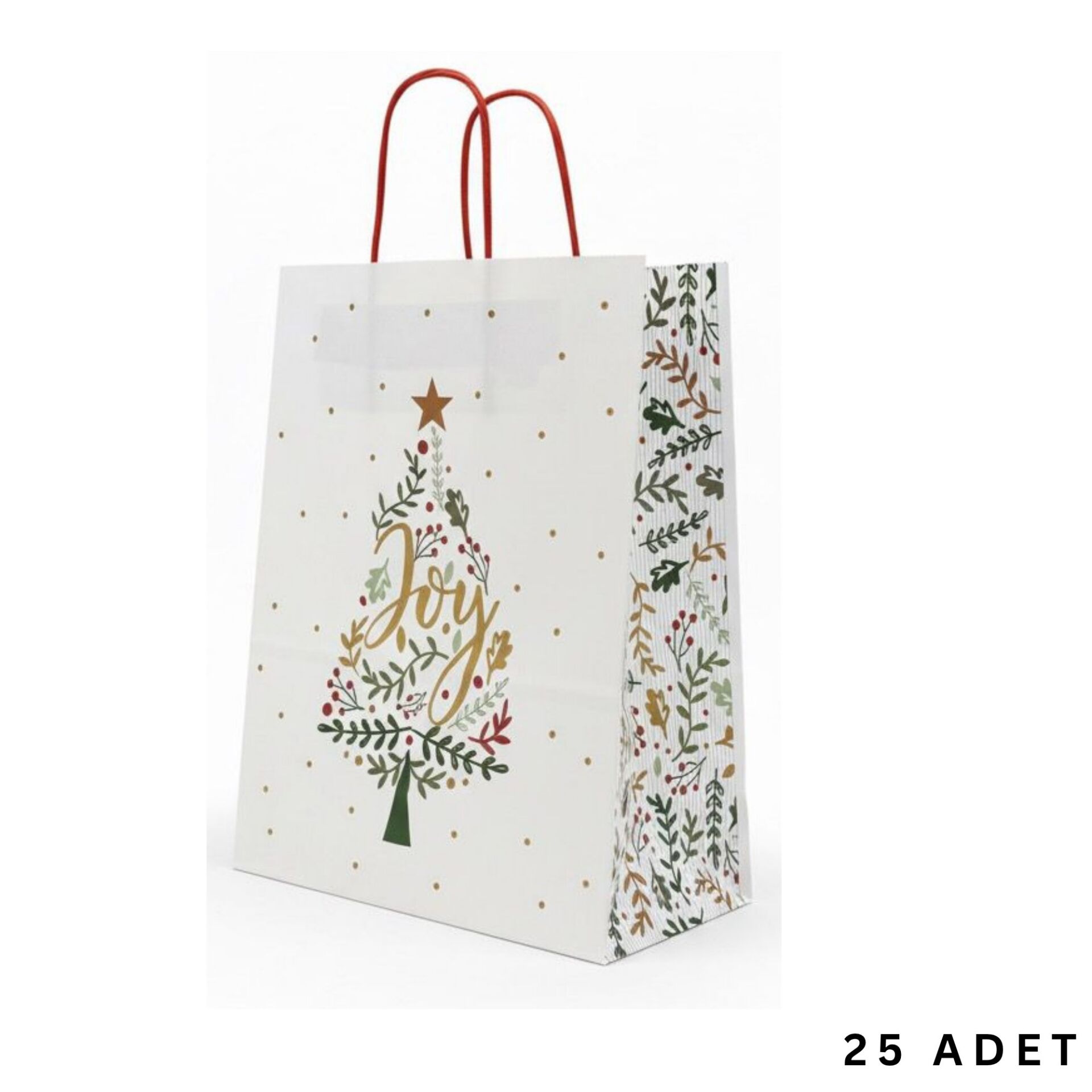 Yılbaşı Çam Desenli Kağıt Çanta, Yeniyıl Kırmızı Saplı Hediye Poşeti, 12x25x31 Cm - 25 Adet, Beyaz