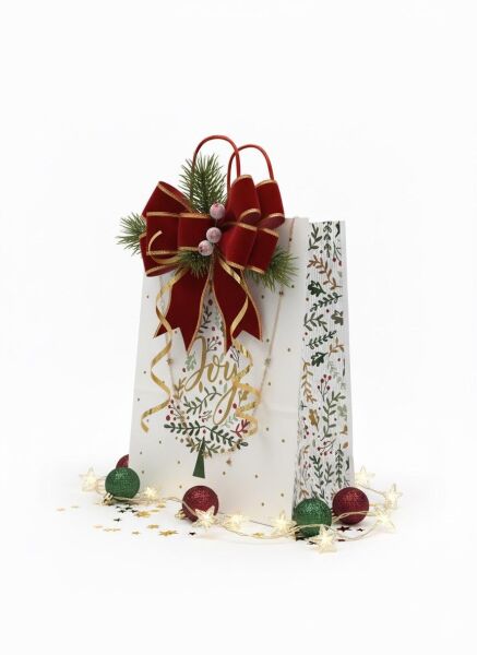 Yılbaşı Çam Desenli Kağıt Çanta, Yeniyıl Kırmızı Saplı Hediye Poşeti, 12x25x31 Cm - 25 Adet, Beyaz