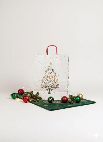 Yılbaşı Çam Desenli Kağıt Çanta, Yeniyıl Kırmızı Saplı Hediye Poşeti, 12x25x31 Cm - 25 Adet, Beyaz