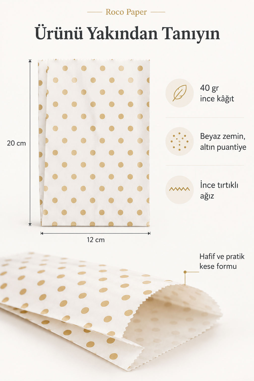 Altın Puantiye Kese Kağıdı 12x20 cm Körük:6 cm 250 Adet